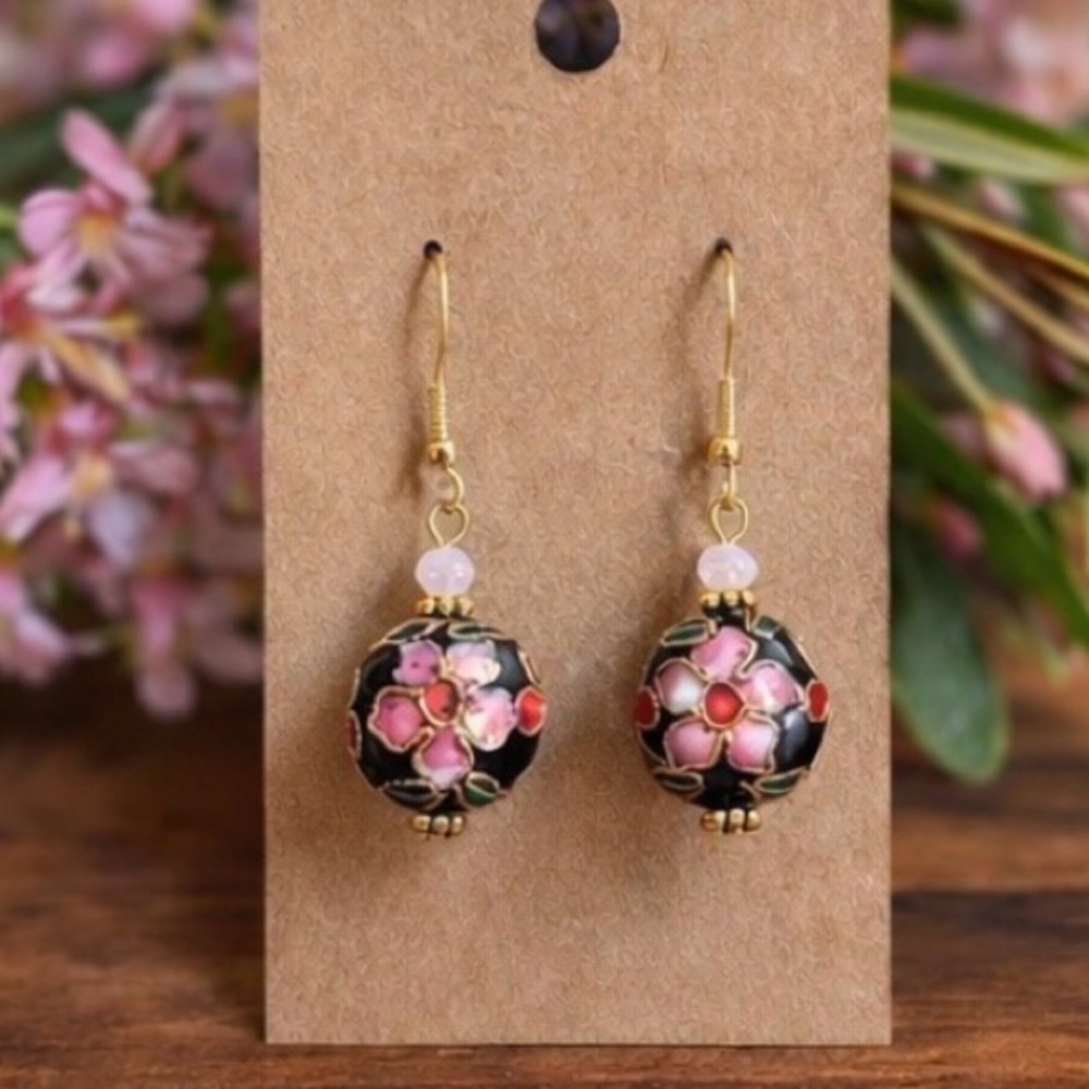 Vintage Cloisonné Floral Bead Earrings Black Pink Artisan Dangle Reclaimed